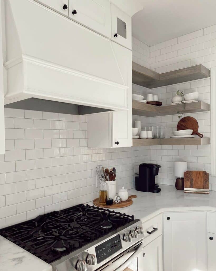 Greyed Wood Floating Shelves on Off-Set White Tiled Wall