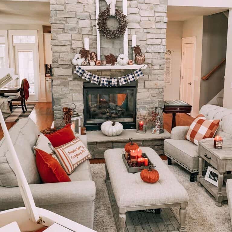 Halloween Living Room with Stone Fireplace