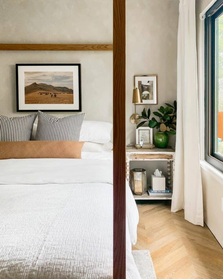 Herringbone Hardwood Flooring in Modern Farmhouse Bedroom