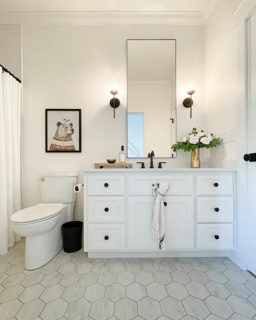 Hexagon Tile Flooring Beneath Shaker Style Vanity