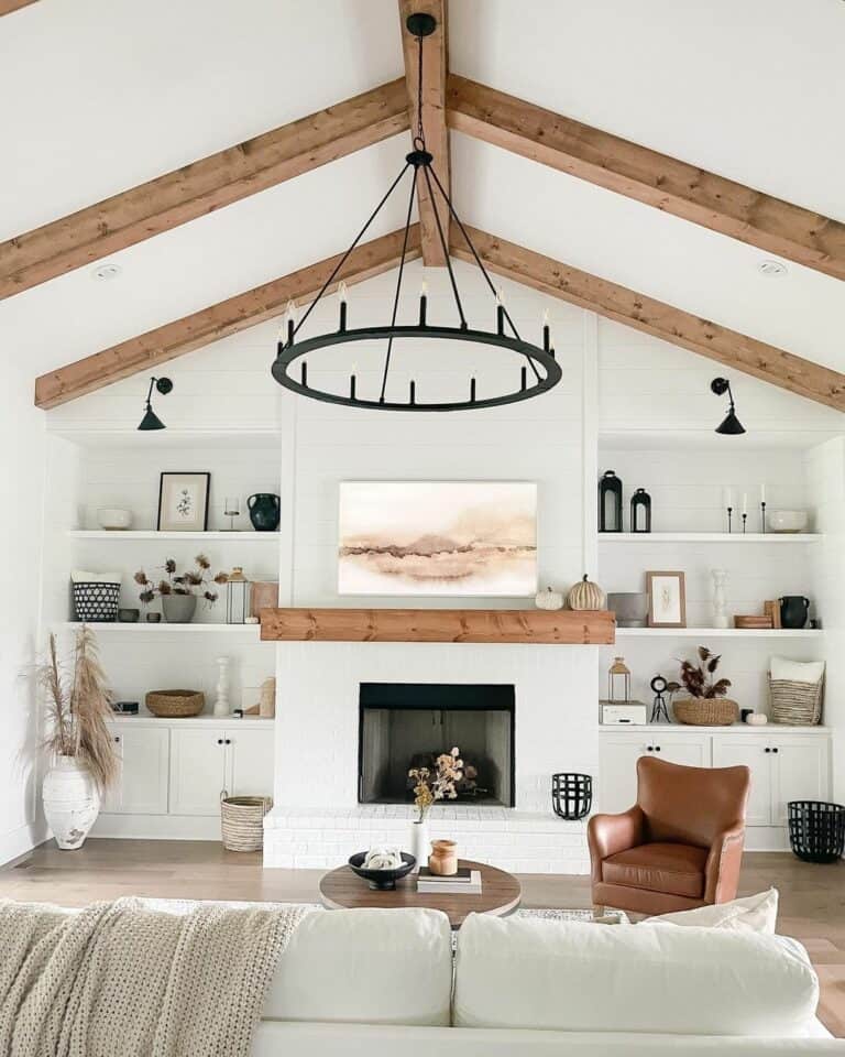 High Ceiling Chandelier in Neutral Living Room