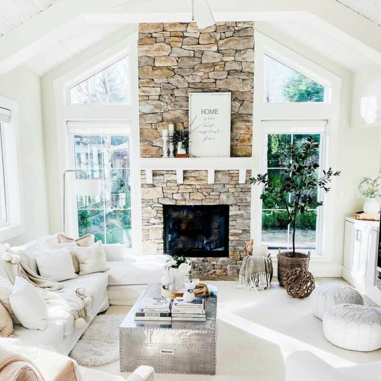 Inviting Living Room With a Stone Fireplace