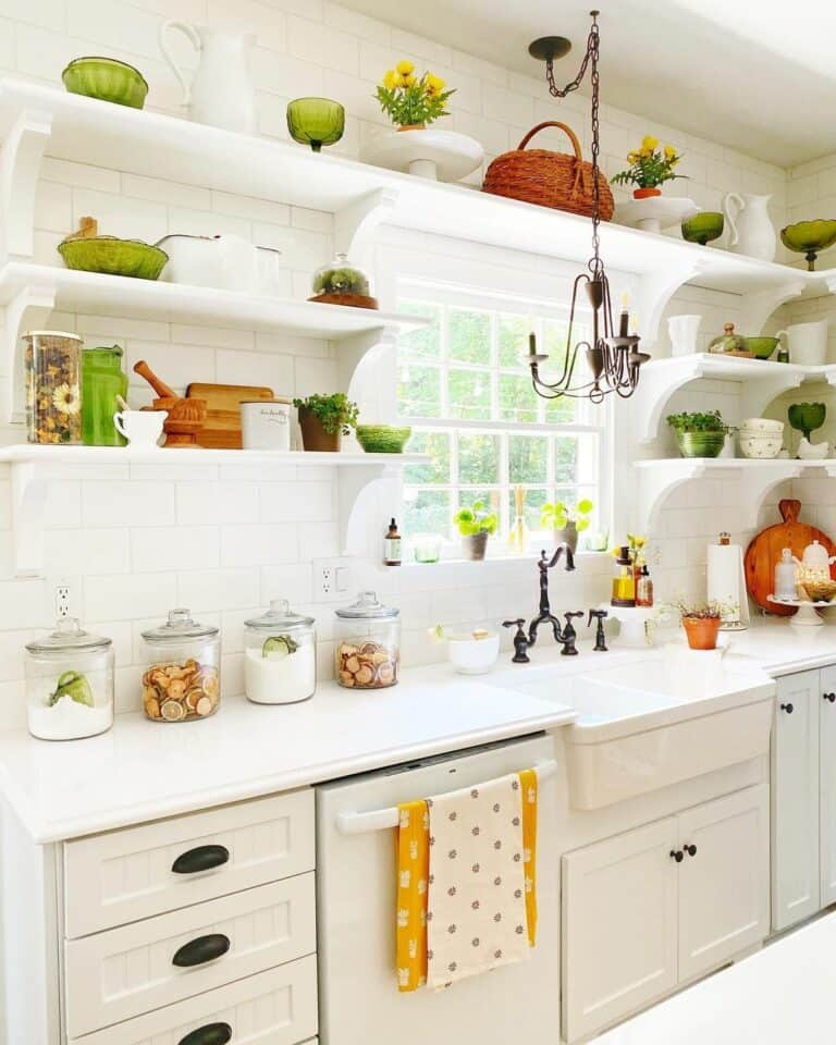 Kitchen With Stacked White Open Shelves