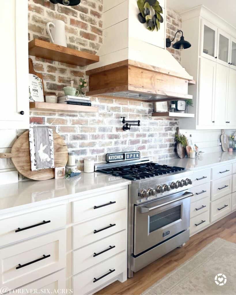 Kitchen With Stained Wood Floating Shelves