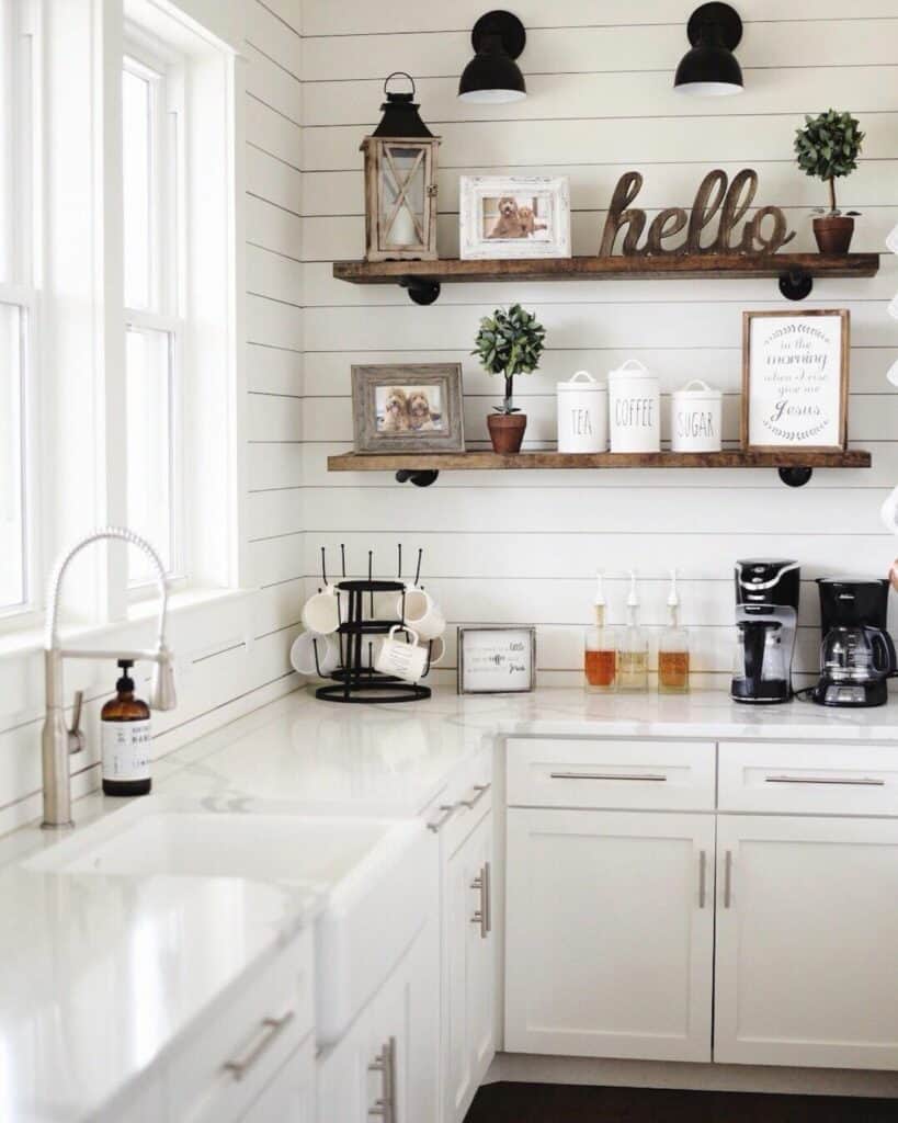 Kitchen With Stained Wood and Black Metal Shelves