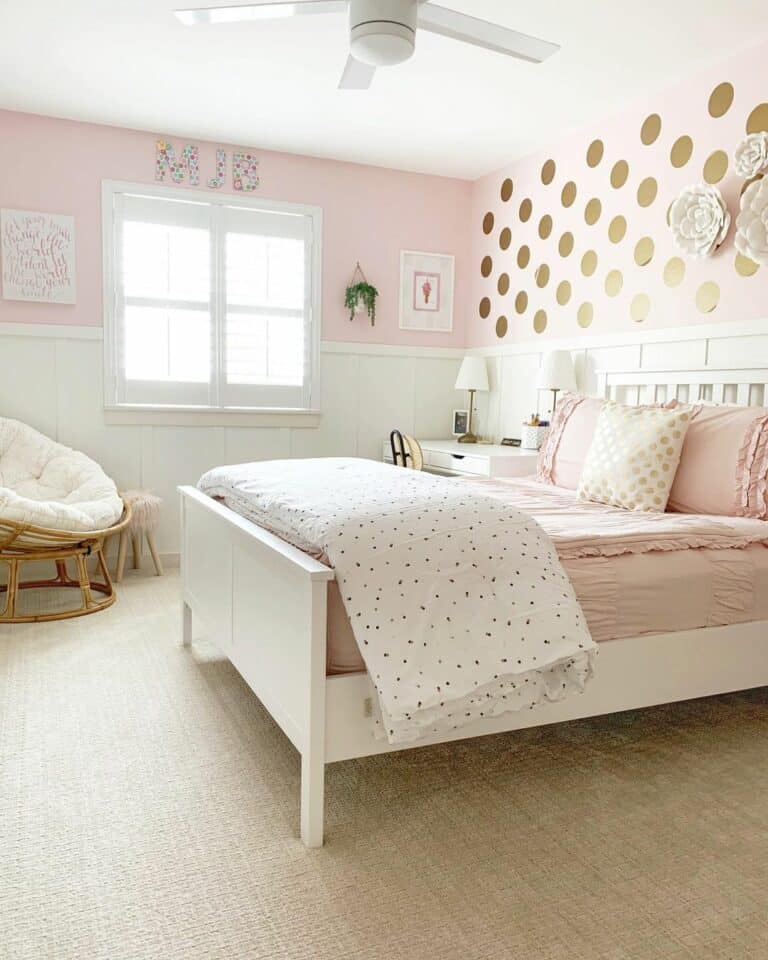 Large Gold Dots and White Flowers on a Pink Wall