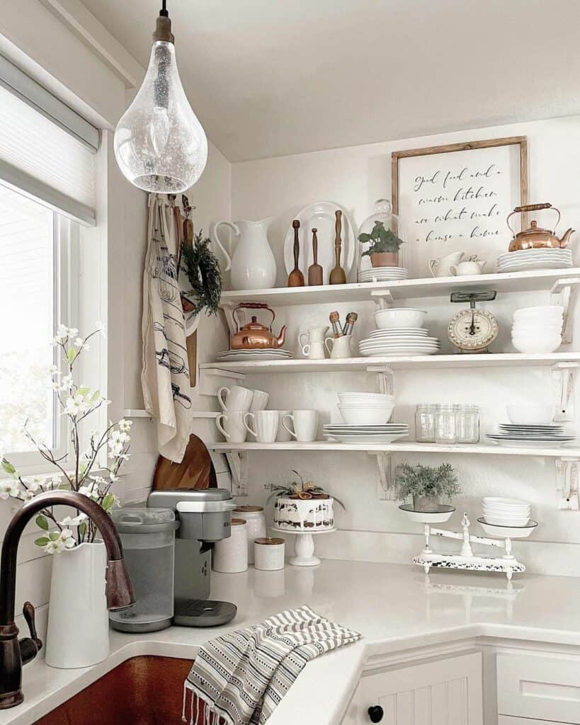 Large White Kitchen Shelves With White and Copper Décor