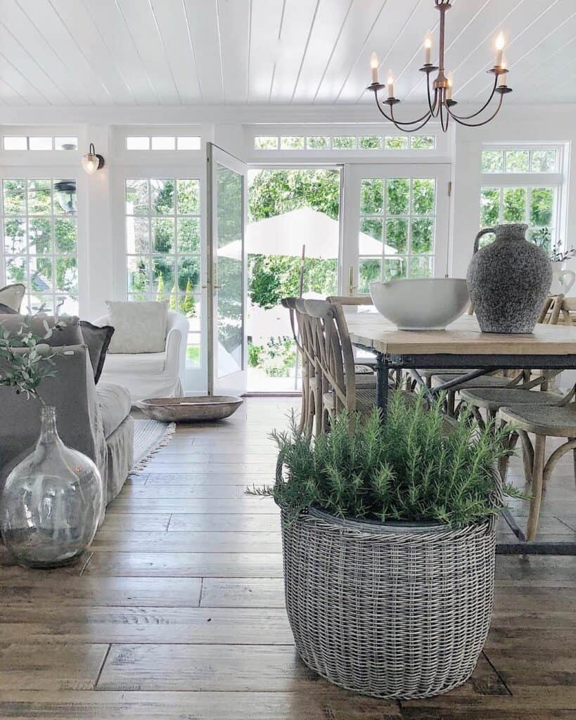 Large Wicker Planter in Farmhouse Dining Room