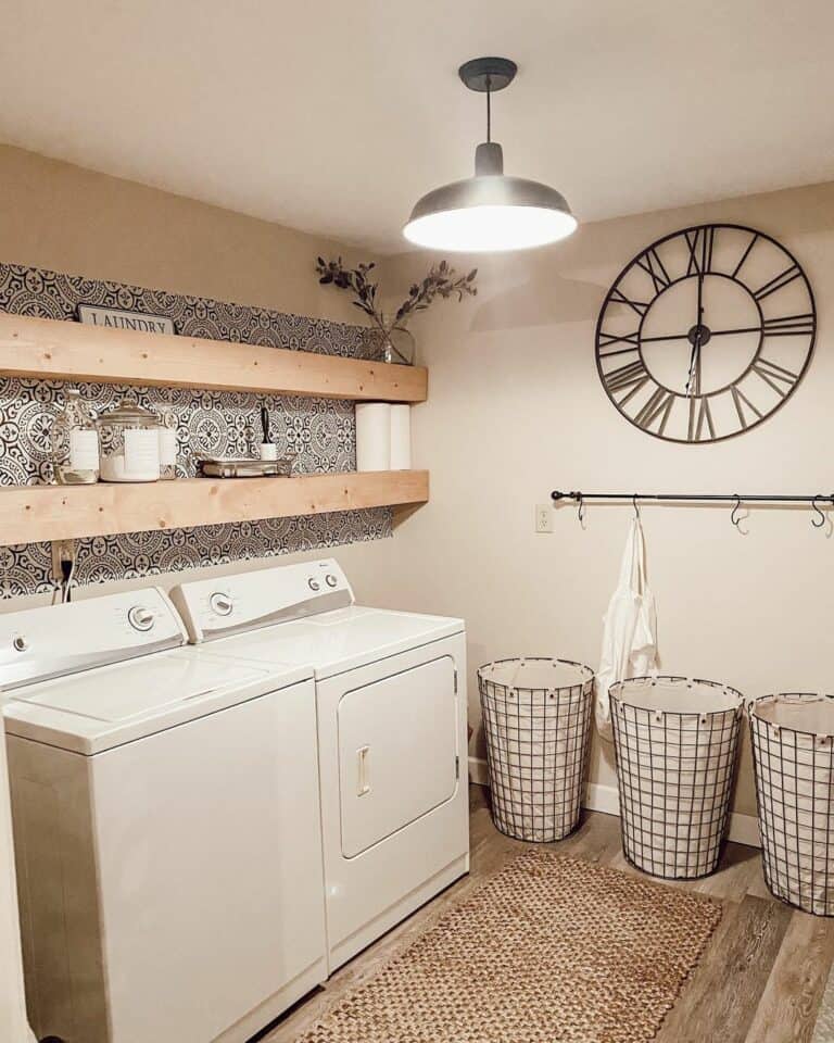 Laundry Room With Black Clock Wall Décor