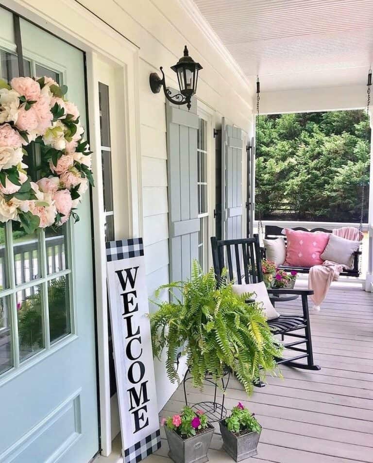 Light Blue Front Door With Pink Floral Wreath - Soul & Lane