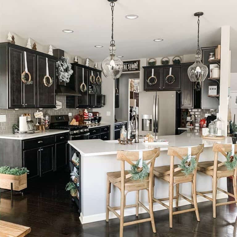 Light Gray Peninsula With Wooden Counter Stools