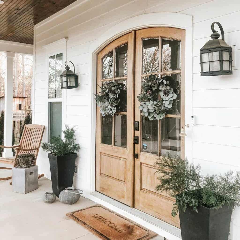 Light Wood Arched Farmhouse Double Front Doors