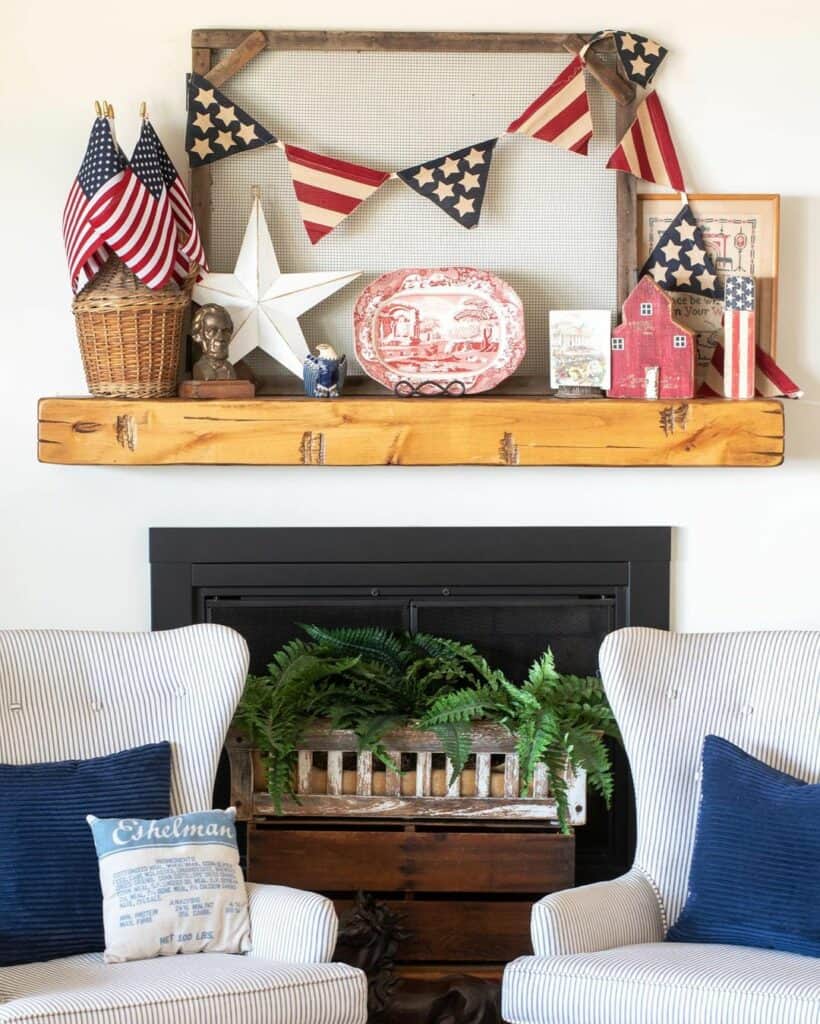 Light Wood Fireplace Mantel With 4th of July Décor