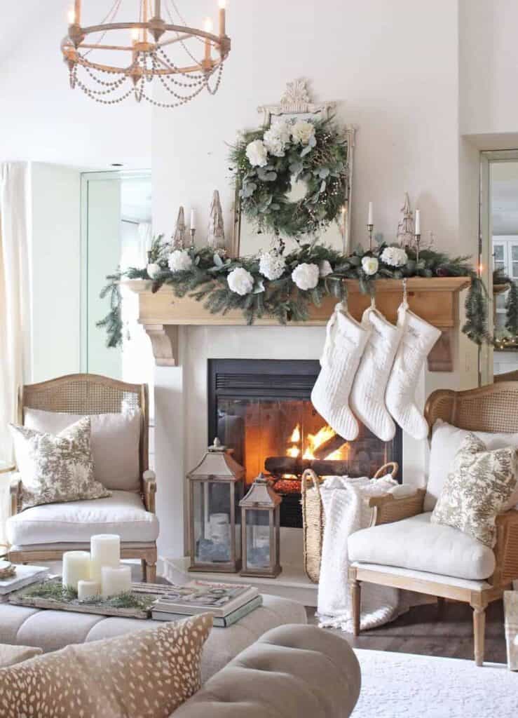 Light Wood Fireplace Mantel With White Flower Décor