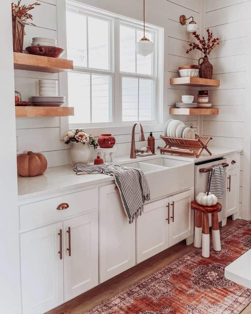 Light Wood Floating Open Kitchen Shelves