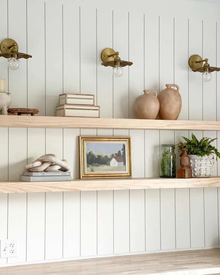 Light Wood Floating Shelves Lighting Ideas