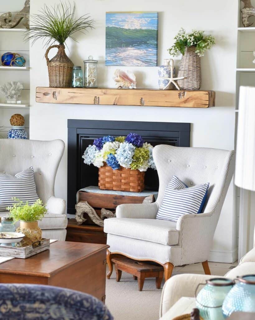 Light Wood Mantel With Coastal Décor