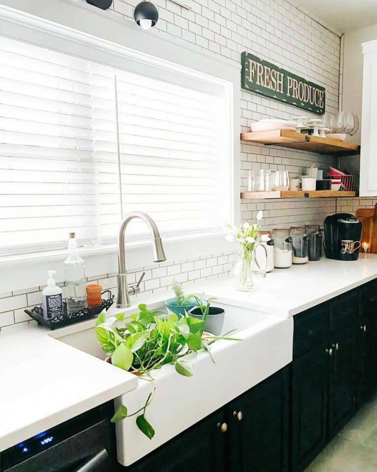 Light Wood Open Shelving for Dark Kitchen Cabinets