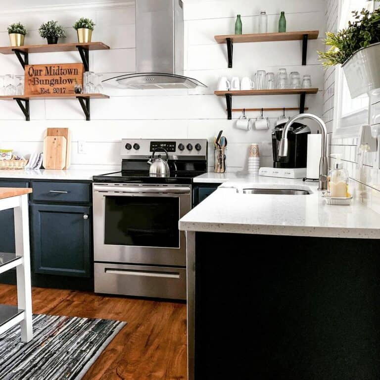 Light Wood and Black Metal Kitchen Shelving