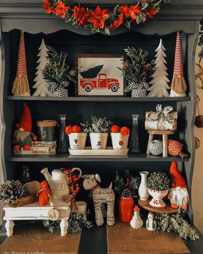 Living Room With Farmhouse Cabinet and Winter Décor