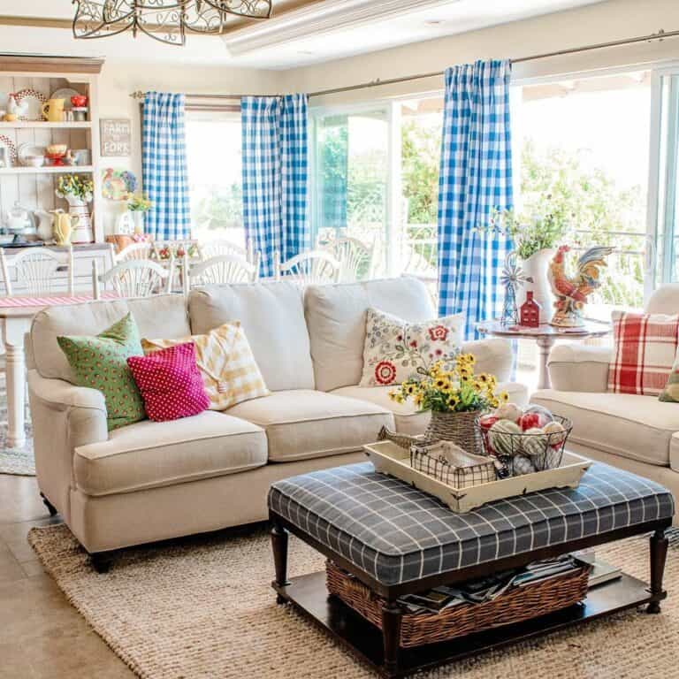 Living Room With Farmhouse Décor and Vibrant Colors