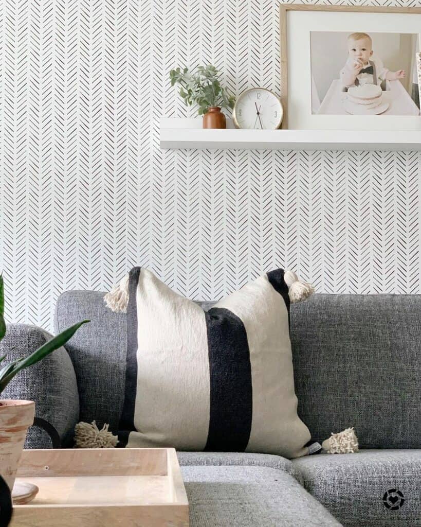 Living Room With Modern Herringbone-patterned Wallpaper