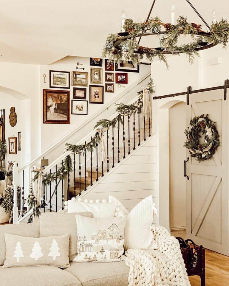 Living Room With Staircase Christmas Decorations