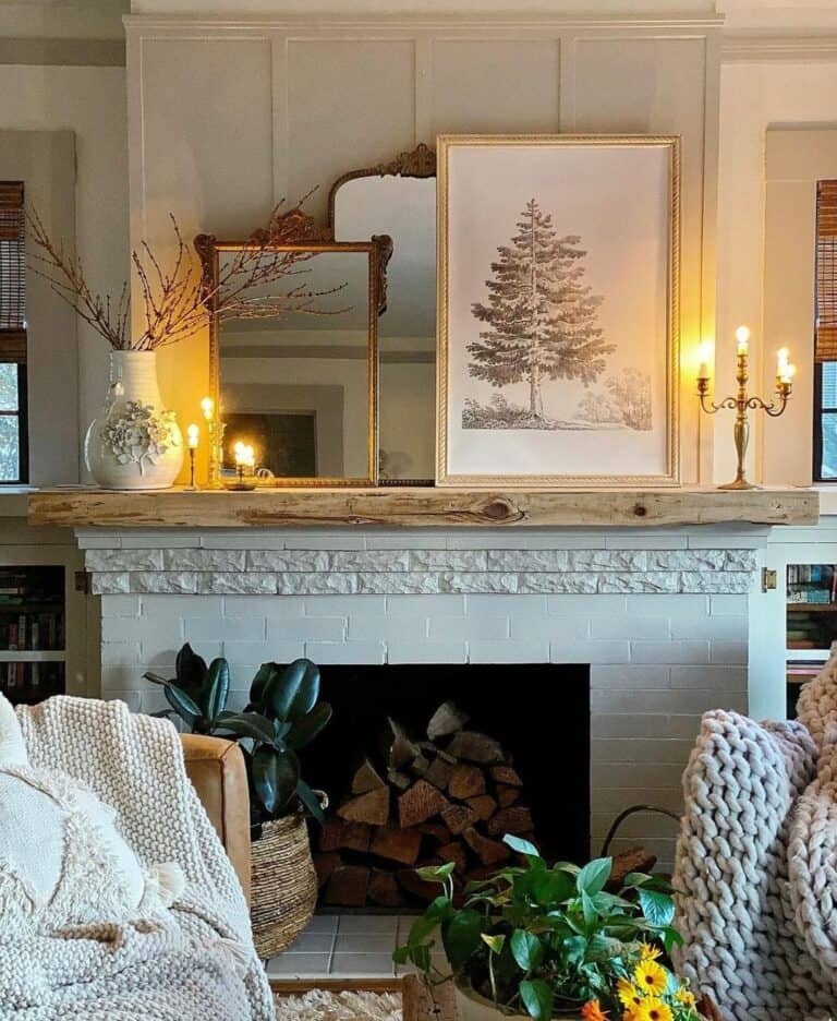Living Room With a White Stone Fireplace