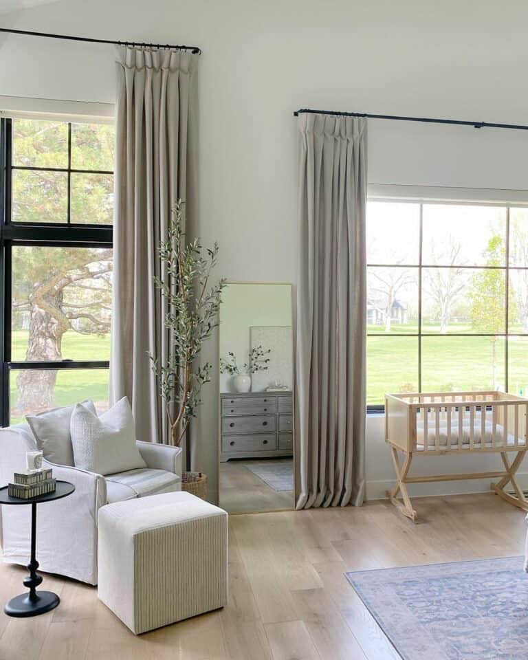 Long Light Gray Curtains and a Gray Area Rug