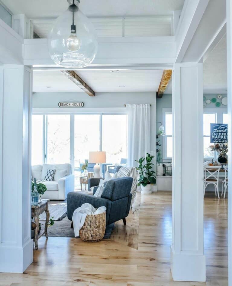 Long White Drapes in Costal Living Room