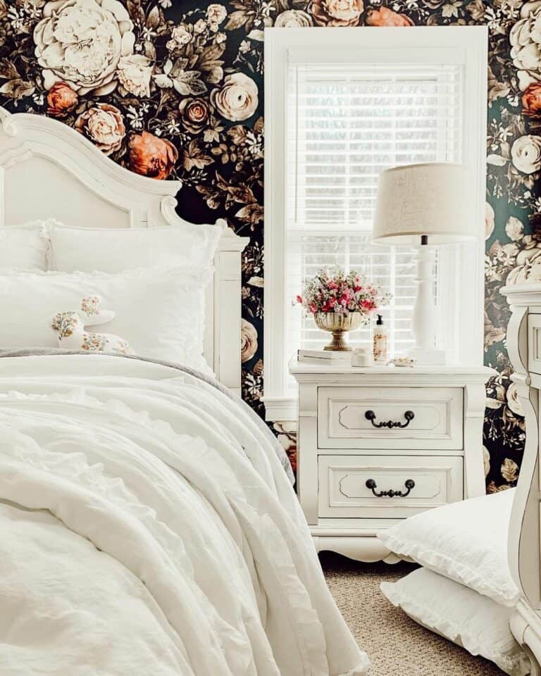 Luxurious Bedroom With Black Floral Wallpaper