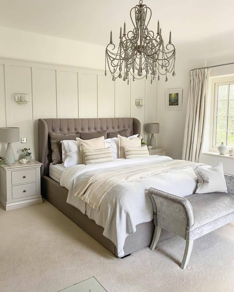 Luxurious Gray Bedroom With Chandelier