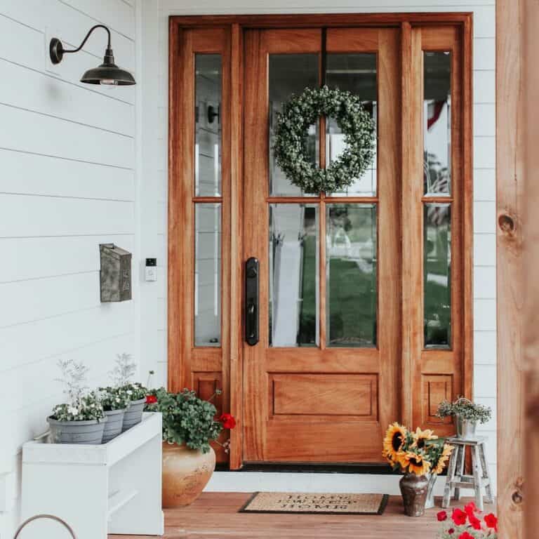 Mahogany Wood Door With Green Wreath