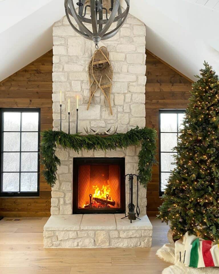 Mantle Garland with Lights on Stone Fireplace