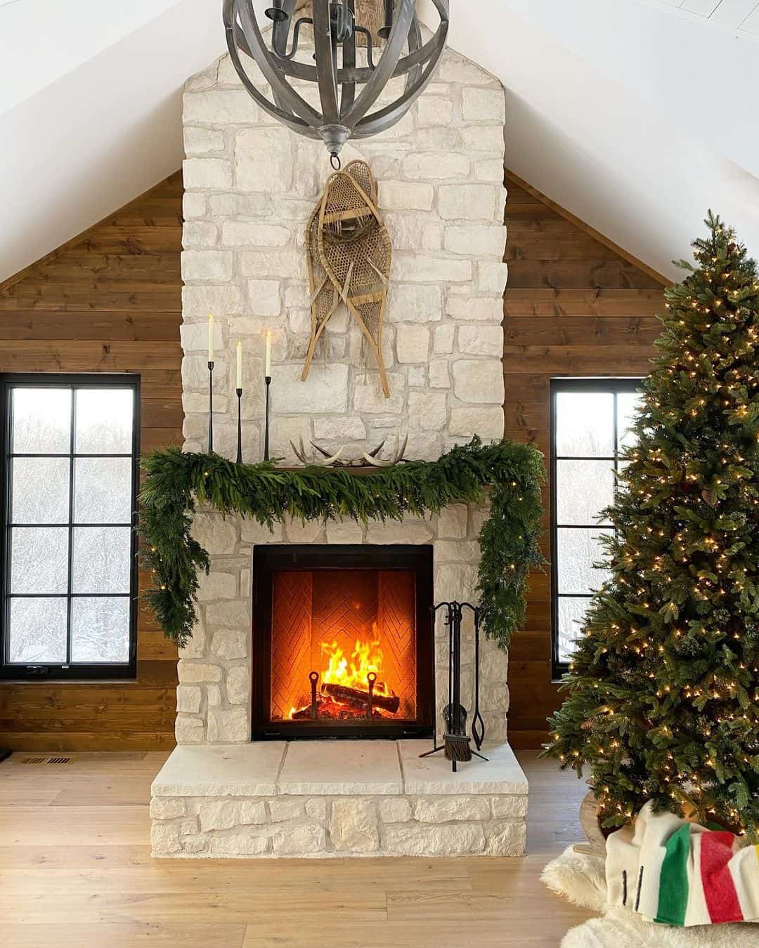 Mantle Garland with Lights on Stone Fireplace Soul & Lane