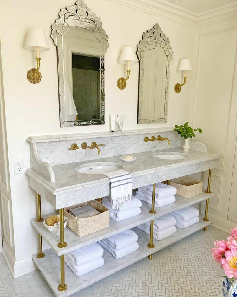 Marbled Twin Sink Area With Gold Hardware