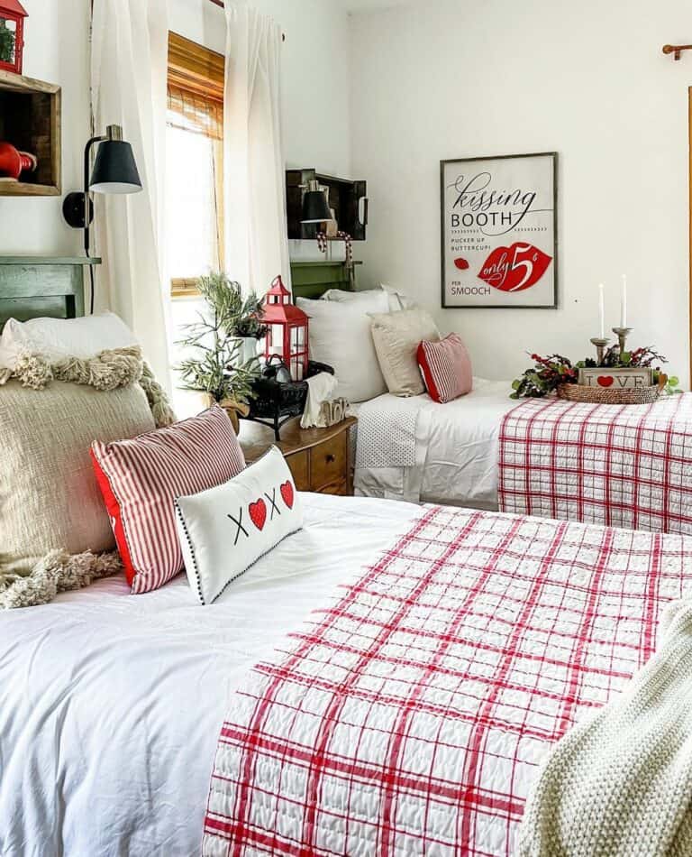 Matching Beds with Red and White Christmas Quilts