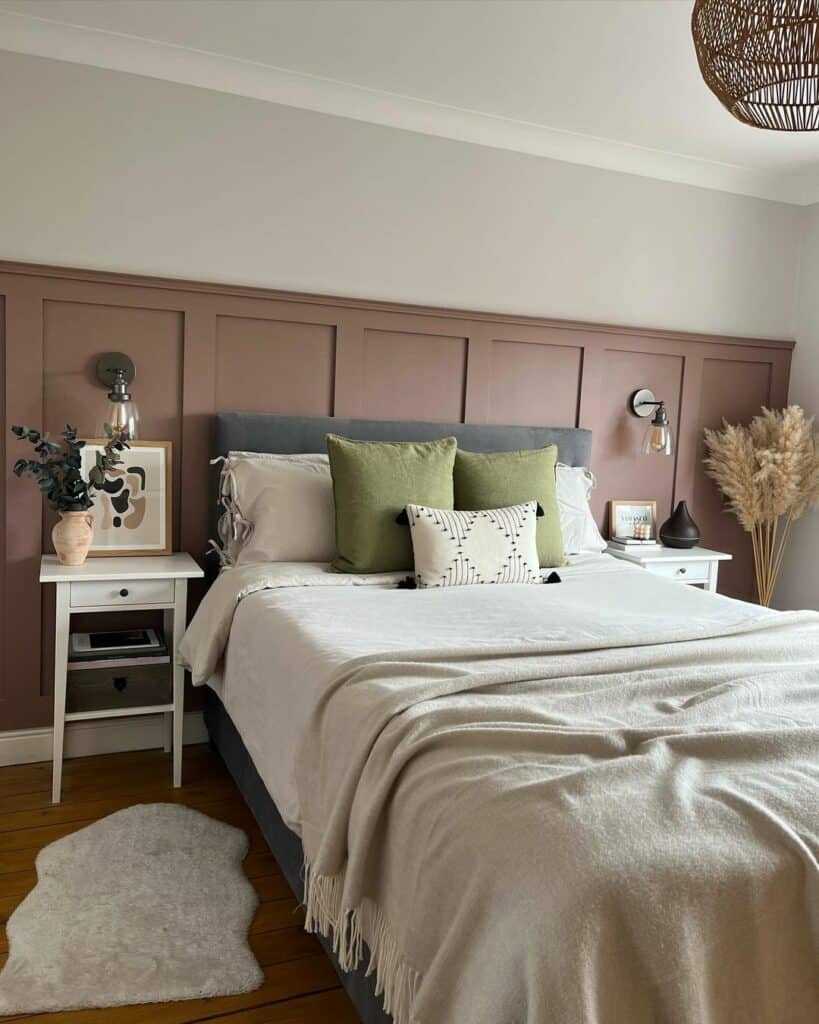 Mauve Wainscoting Bedroom With Natural Touches