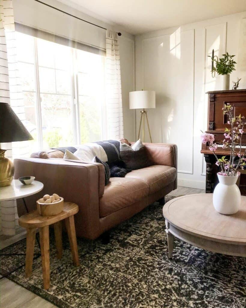 Mid Century Living Room With Brown Leather Couch