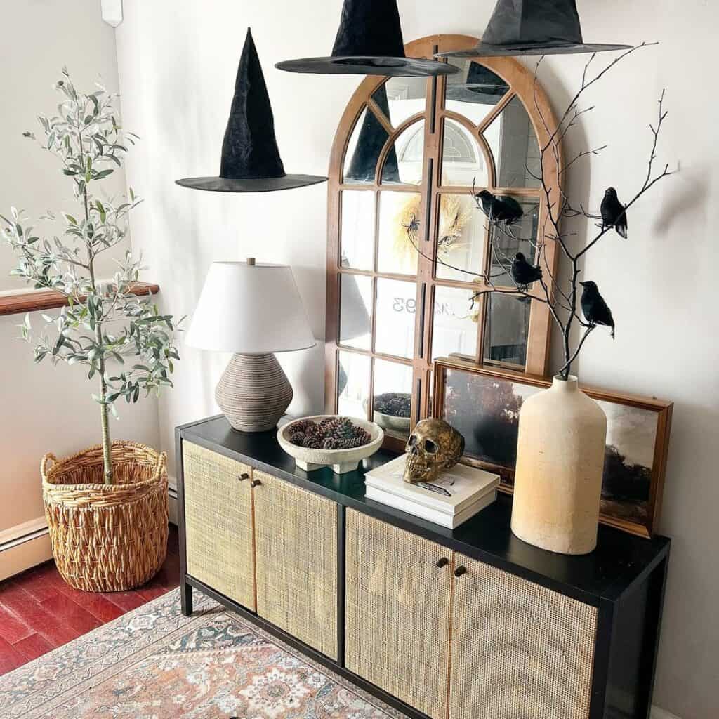 Mid-Century Modern Table with Halloween Raven Decor