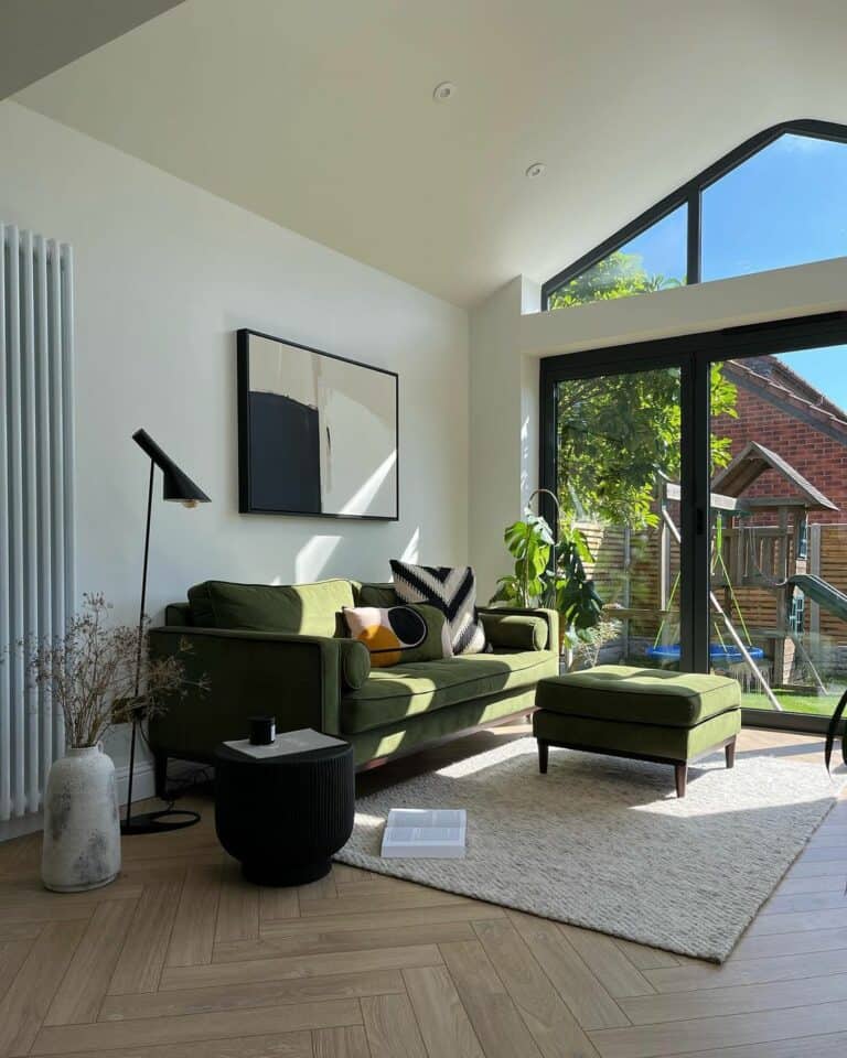 Mid-century Modern Living Room With Herringbone Wood Floor