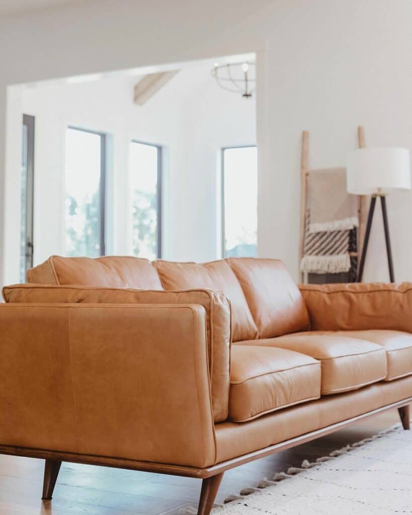 Minimalist Living Room With Tan Leather Couch