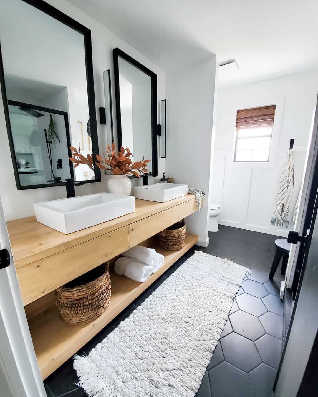 Modern Black and White Farmhouse Bathroom With Vessel Sinks Soul & Lane