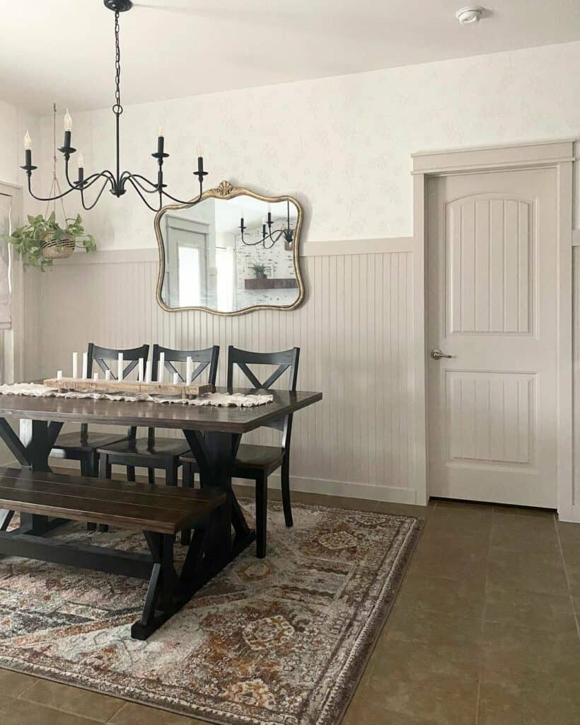 Modern Farmhouse Dining Room With Faded Brown Persian Rug