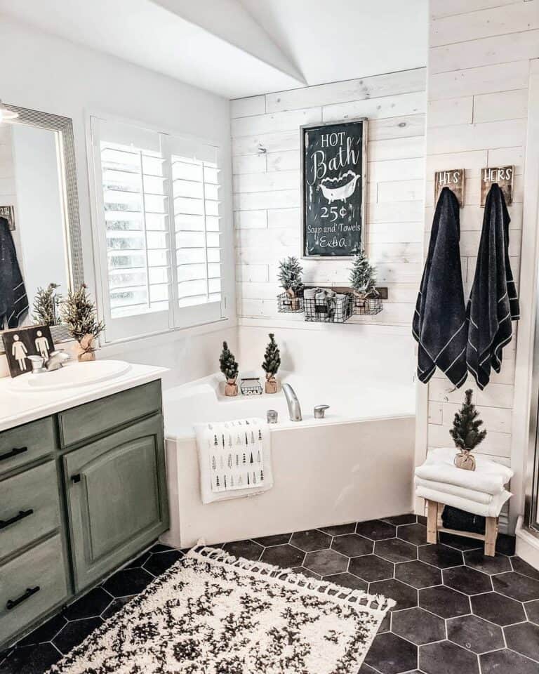 Modern Farmhouse With Black Bathroom Flooring