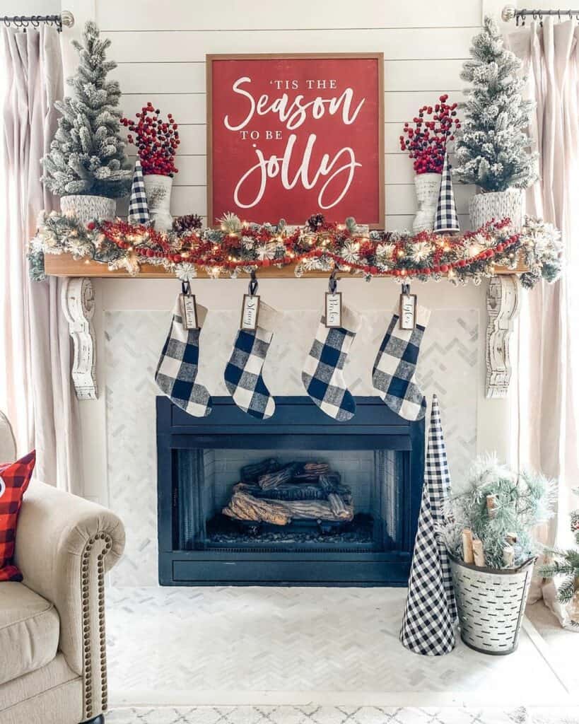 Modern Fireplace Ideas Include Festive Checkered Stockings