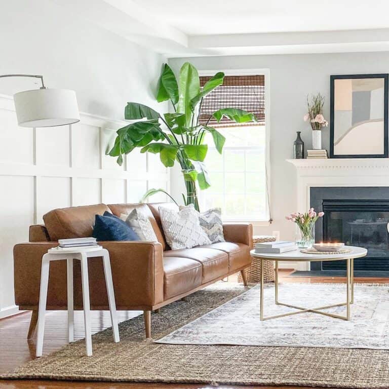 Modern Living Room Décor With Sleek Tan Leather Couch Soul & Lane
