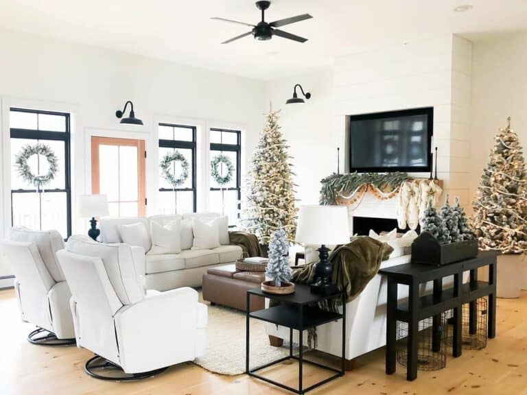 Modern Living Room With Christmas Wreaths on Windows