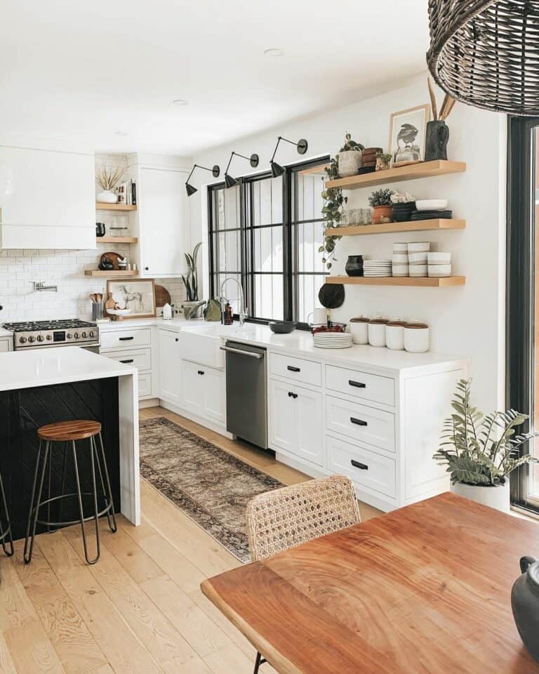 Modern White Kitchen With Open Wooden Shelves