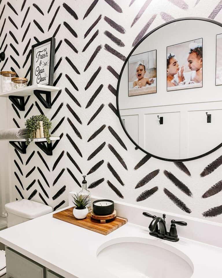Modern-art Inspired Bathroom With Black and White Herringbone Pattern Wall